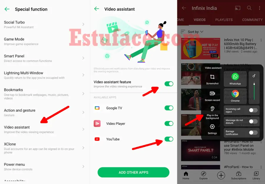 cara memutar Youtube di latar belakang dengan fitur Video Assistant Infinix